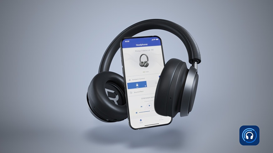 L4 Fidelio-hovedtelefoner tilsluttet Philips Headphones-appen
