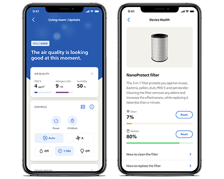 Sk&aelig;rmbillede af luftkvalitet i Philips Air+-appen