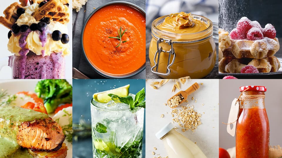 Udvalg af retter: bl&aring;b&aelig;rsmoothie, cremet tomatsuppe, jordn&oslash;ddesm&oslash;r, vafler med hindb&aelig;r og flormelis, gr&oslash;n basilikumsauce, mohito med knust is, havrem&aelig;lk, tyk tomatsauce