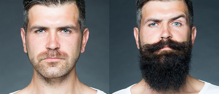 To billeder af den samme mand med en grå baggrund: På det venstre har han et kort skæg, mens han på det højre har et meget langt skæg. 