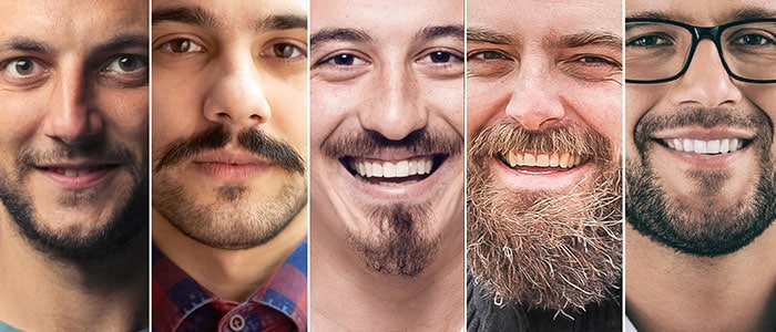 En collage af portrætter af syv mænd med forskellige skægtyper, som smiler til kameraet.